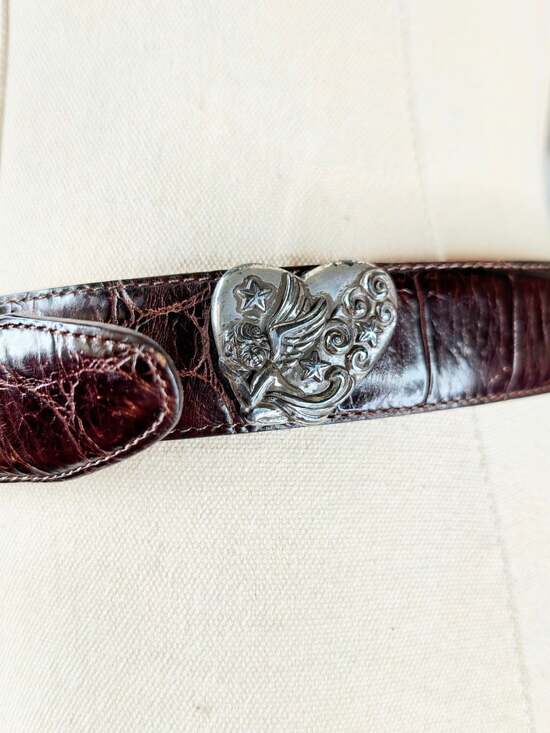 Brighton Women Brown Crocodile Embossed Leather Belt Silver Heart Charms Size M